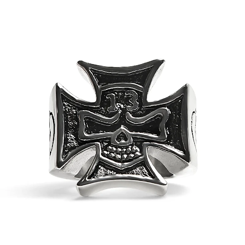 Personalized Custom Rings For Special Gifts-Large "13" Skull In Maltese Cross Stainless Steel Ring / SCR4009