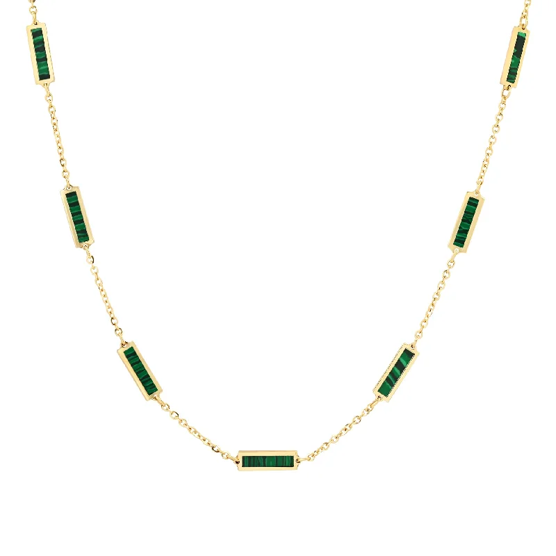 Simple Chain Necklaces For Minimal Style-9 BAR INLAY DAINTY NECKLACE MALACHITE, 14kt GOLD