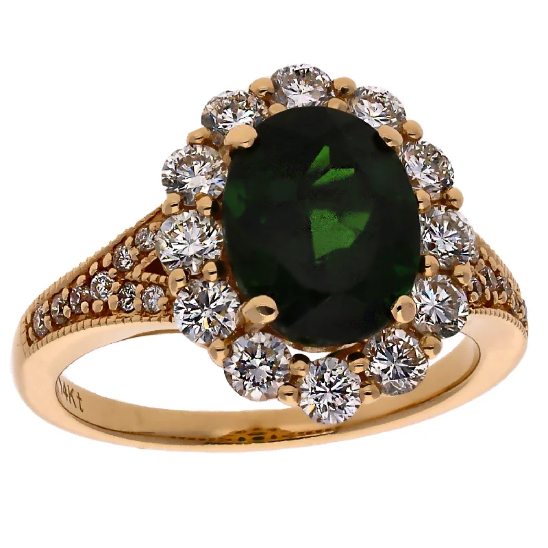 Sparkling Engagement Rings For Brides-18K Yellow Gold Oval Chrome Diopside & Diamond Ring