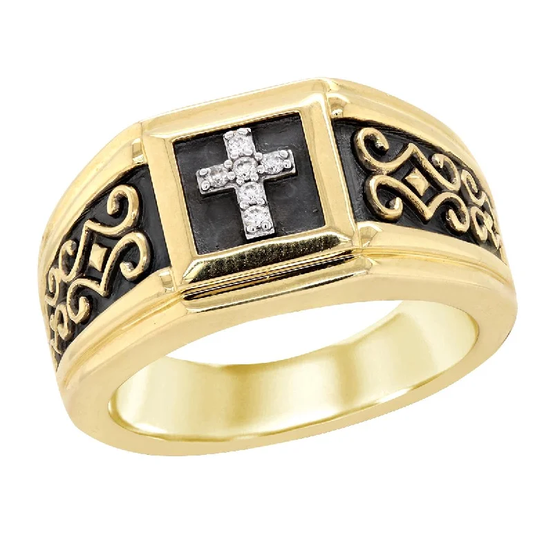 Handcrafted Engagement Rings For Brides-MEN'S YELLOW GOLD FASHION RING WITH DIAMOND CROSS, .06 CT TW