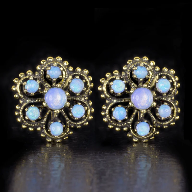 Large Earrings For Evening Wear-VINTAGE OPAL STUD EARRINGS 14k YELLOW GOLD HANDMADE FLOWER VICTORIAN BLUE ESTATE