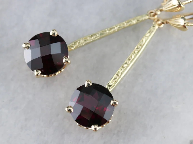 Chic Silver Earrings For Stylish Women-Engraved Long Garnet Drop Earrings