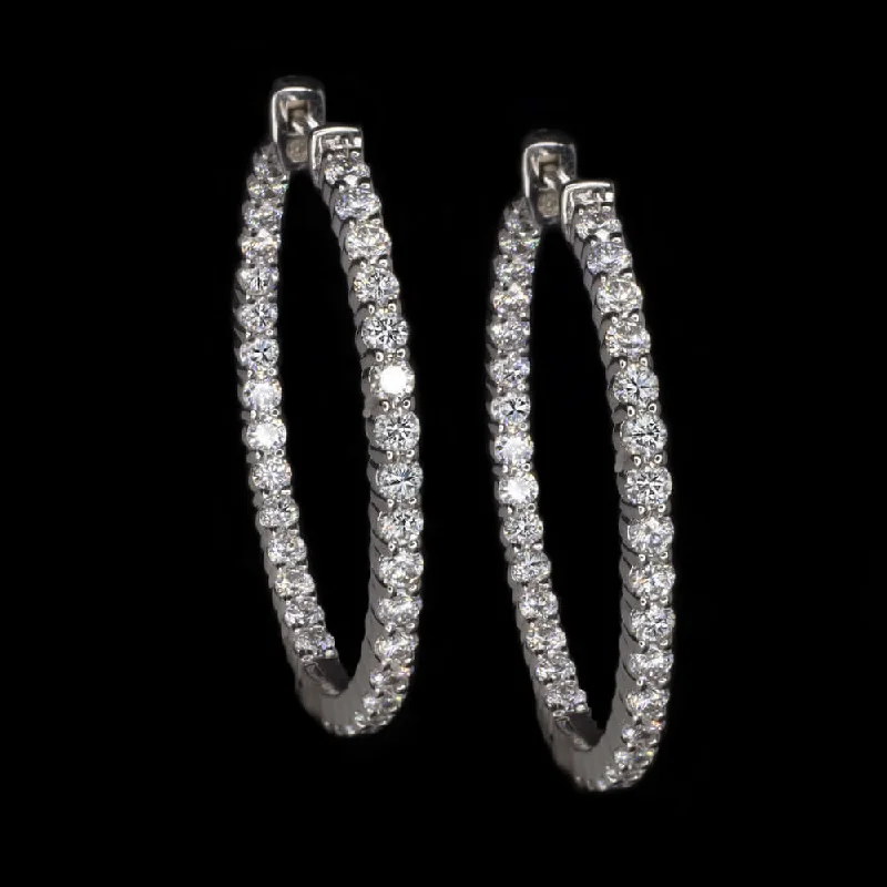 Minimalist Gold Earrings For Daily Wear-3 CARAT NATURAL DIAMOND HOOP EARRINGS 1.3 INCH IN & OUT 14k WHITE GOLD LARGE