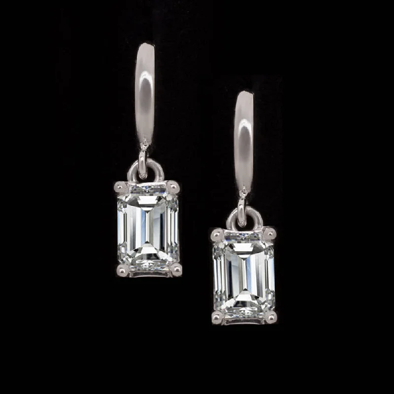 Bold Earrings For Fashion-Forward Look-2 CARAT LAB CREATED DIAMOND DROP EARRINGS HUGGIE HOOP EMERALD CUT MINIMALIST 14k