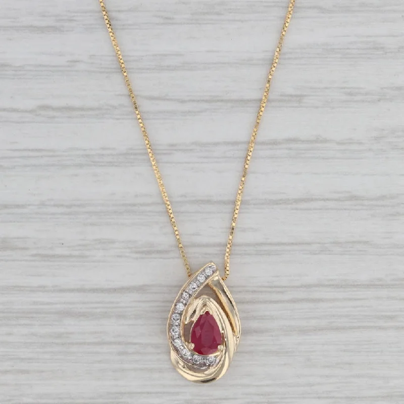 Designer Pendant Necklaces For Glamorous Fashion-0.60ctw Ruby Diamond Teardrop Pendant Necklace 14k Yellow Gold 18" Box Chain