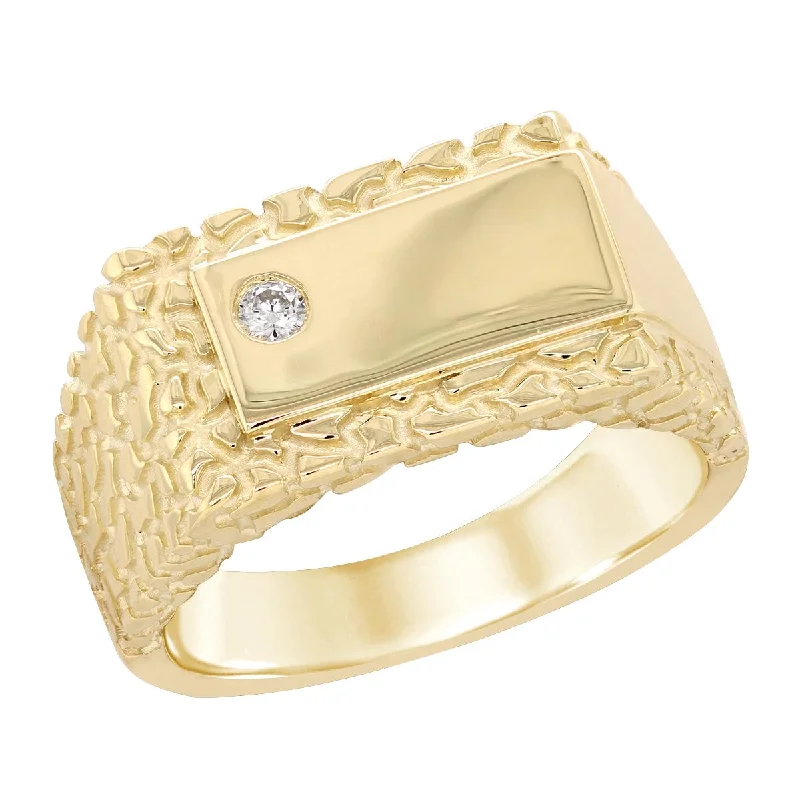 Customizable Couple Rings For Weddings-MEN'S YELLOW GOLD NUGGET FASHION RING WITH DIAMOND, .05 CT