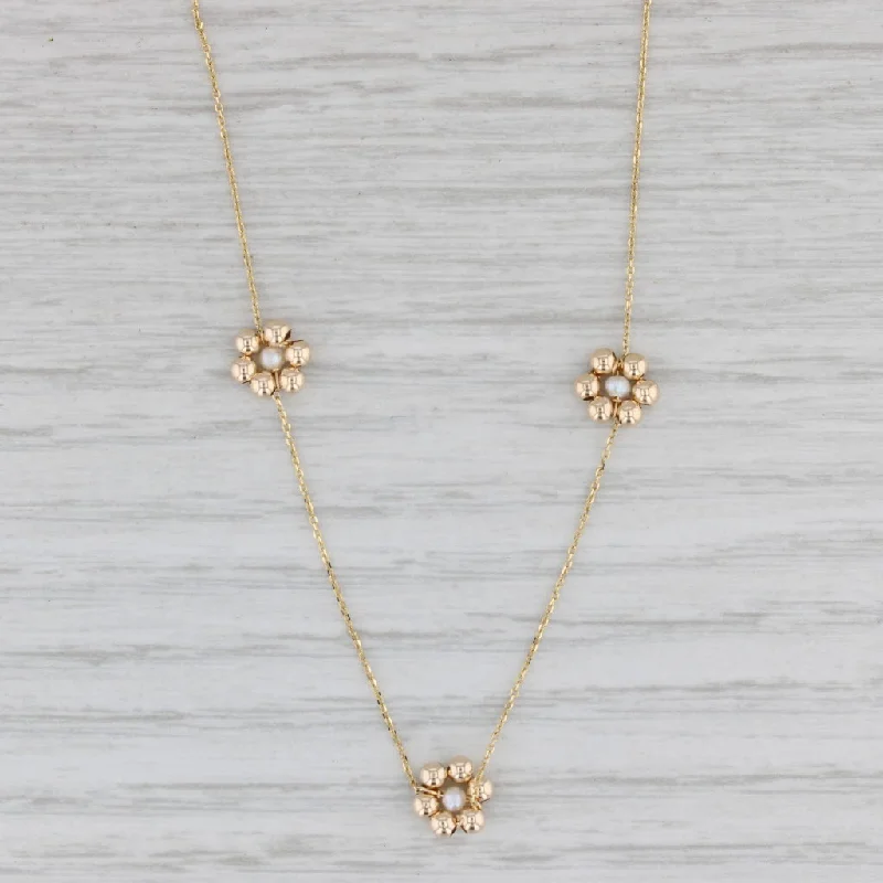 Simple Silver Necklaces For Work Wear-Pearl Flower Station Necklace 14k Yellow Gold 17.5" Cable Chain