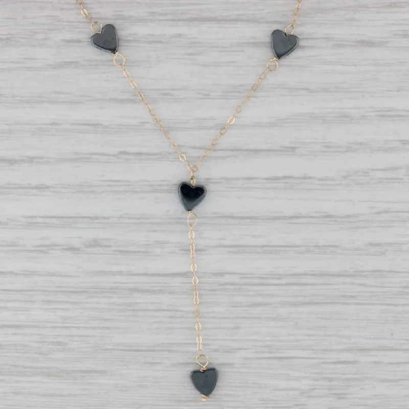 Beautiful Gemstone Necklaces For Gifting-Black Gray Hematite Hearts Lariat Necklace 14k Yellow Gold 16.25" Cable Chain