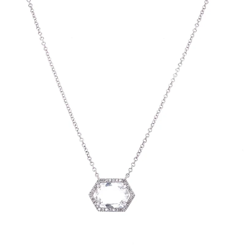 Sparkling Necklaces For Glamorous Evening-14K White Gold Diamond + White Topaz Hexagon Necklace