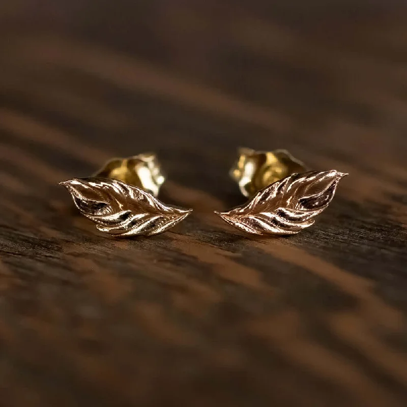 Diamond Earrings For Anniversary Gift-LEAF EARRINGS 14K YELLOW GOLD STUDS DAINTY MINIMALIST ORGANIC NATURE TEXTURED YG