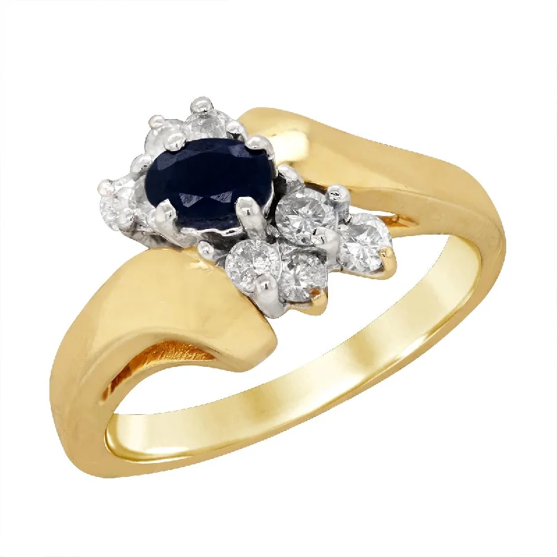 Wedding Ring Sets For Couples-YELLOW GOLD RING WITH OVAL SAPPHIRE AND DIAMONDS, 1/4 CT TW