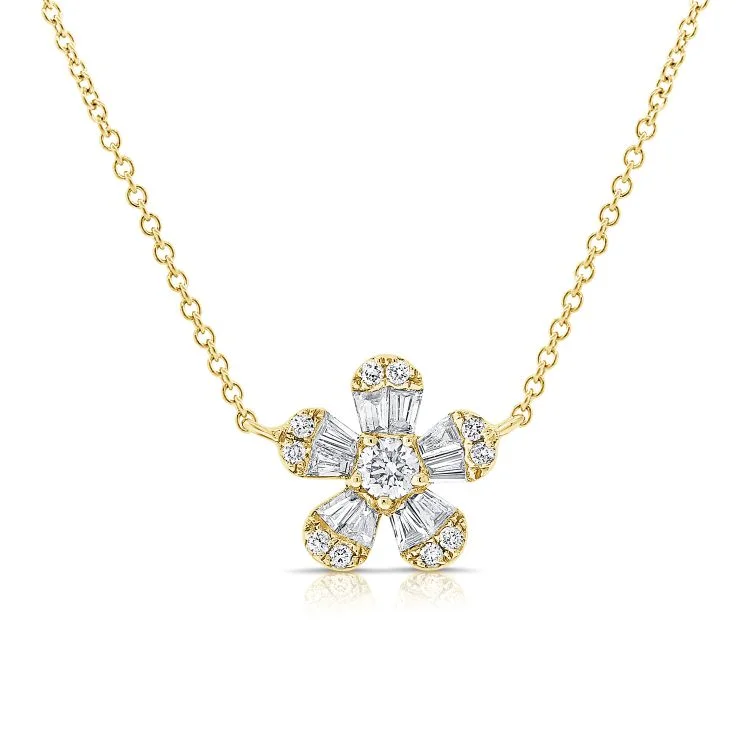 Gemstone Necklaces For Colorful Touch-14K Yellow Gold Baguette Diamond Flower Necklace