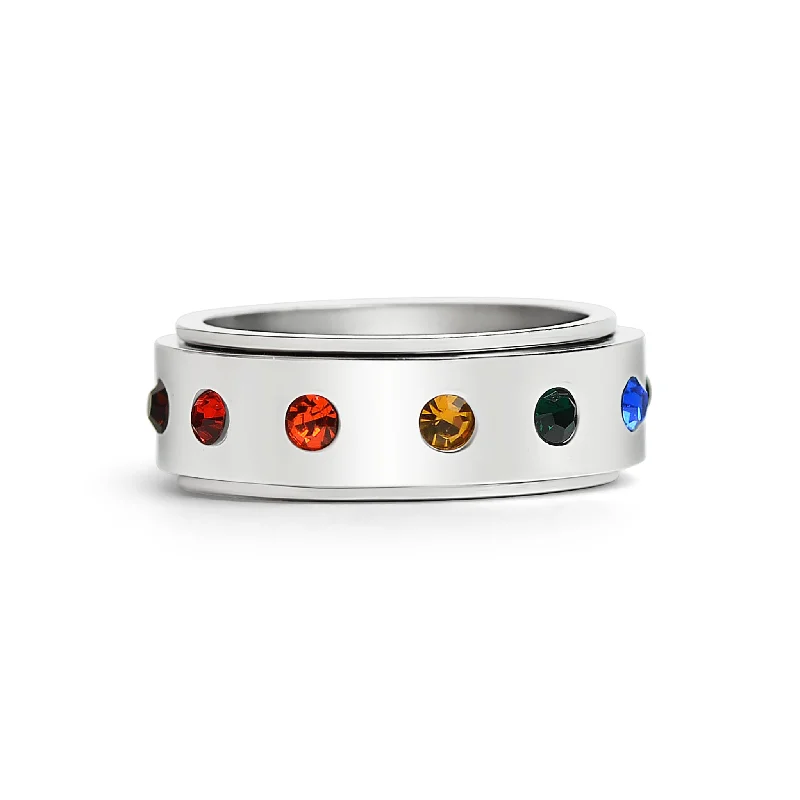 Unique Gemstone Rings For Gifting-Rainbow CZ Spinner Center Highly Polished Stainless Steel Ring / SRJ0111