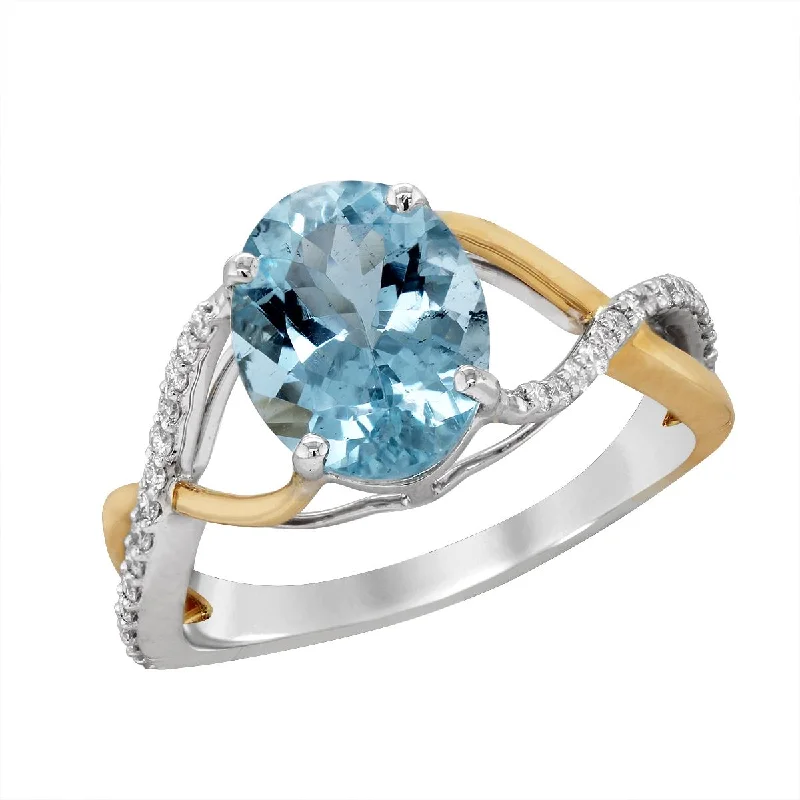 Classic Engagement Rings For Brides-to-Be-TWO-TONE GOLD SPLIT SHANK RING WITH OVAL AQUAMARINE, .18 CT TW