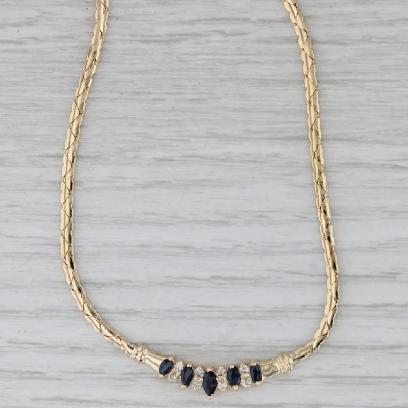 Colorful Gemstone Necklaces For Summer Outfits-0.80ctw Blue Sapphire Diamond Necklace 14k Yellow Gold Flat 17" Link Chain