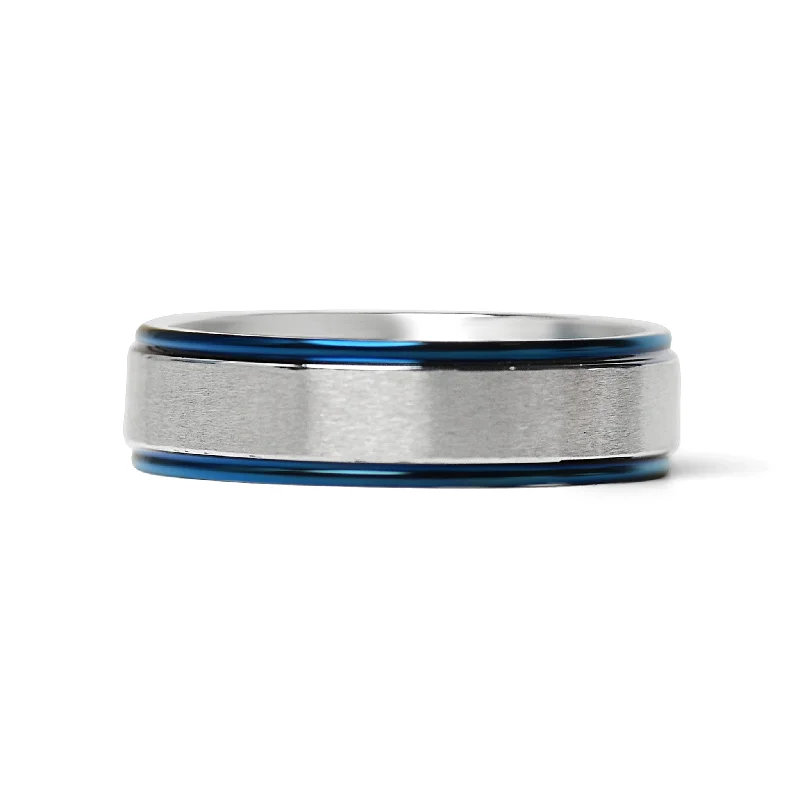 Custom Wedding Rings For Couples-Stainless Steel Blue Trim With Brushed Center Ring / CFR7018