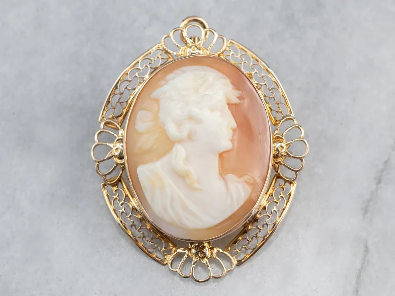 Beautiful Brooch For Jewelry Collection-Vintage Gold Filigree Cameo Brooch or Pendant