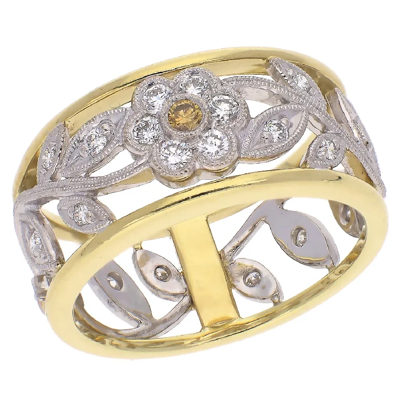 Elegant Wedding Rings For Brides-Simon G Trellis Two Tone White and Yellow Gold Diamond Wide Band Ring