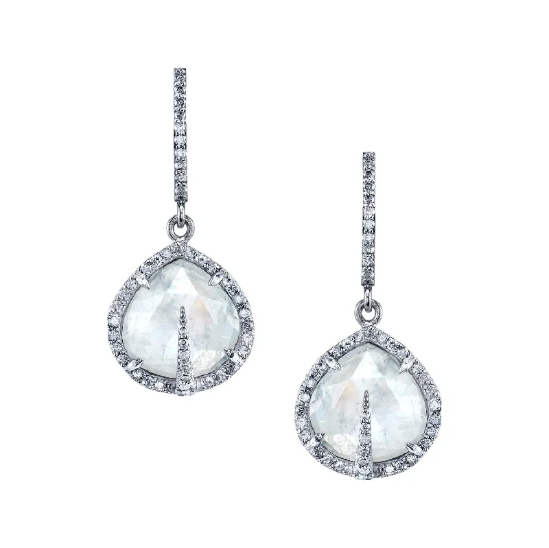 Custom Earrings For Trendy Gifts-Rainbow Moonstone & Diamond Teardrop Earrings with Pave Diamond Spike  E0000093