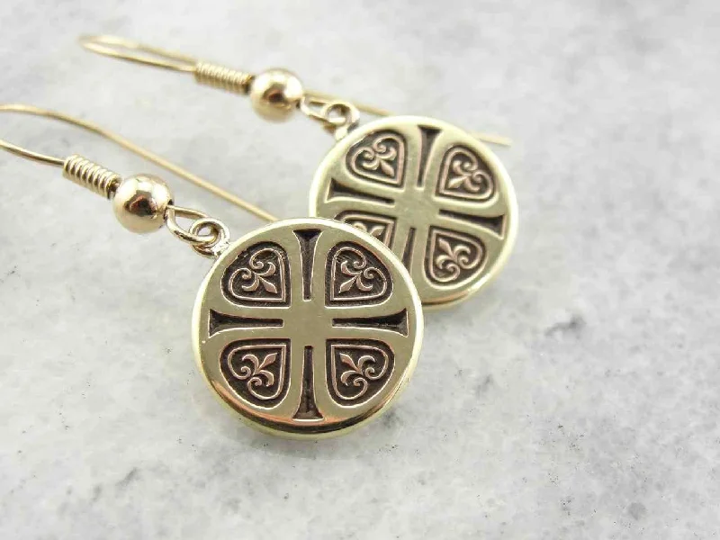 Ethereal Earrings For Formal Wear-Vintage Fleur De Lis Drop Earrings in Yellow Gold