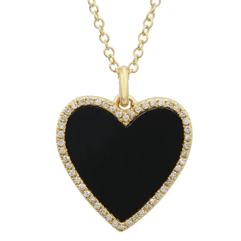 Unique Butterfly Necklaces For Special Gifts-14k Yellow Gold Diamond Onyx Heart Necklace