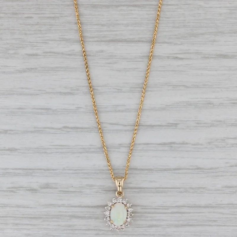 Fashionable Necklaces For Spring Trends-Opal Diamond Halo Pendant Necklace 14k Yellow Gold Wheat Chain 18"