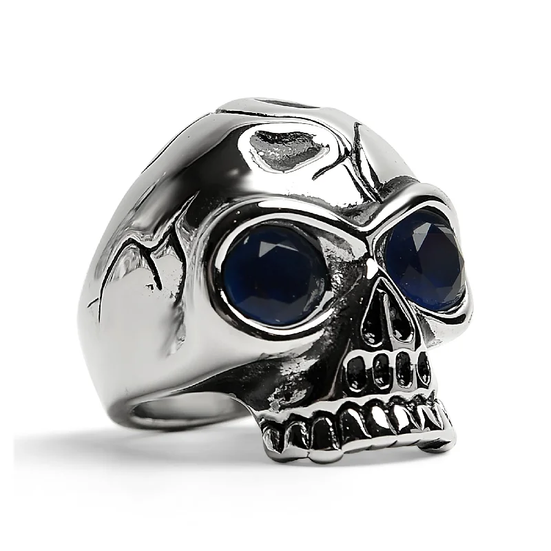 Unique Vintage Wedding Rings For Collectors-Stainless Steel Blue CZ Eyed Cracked Skull Ring / SCR4111