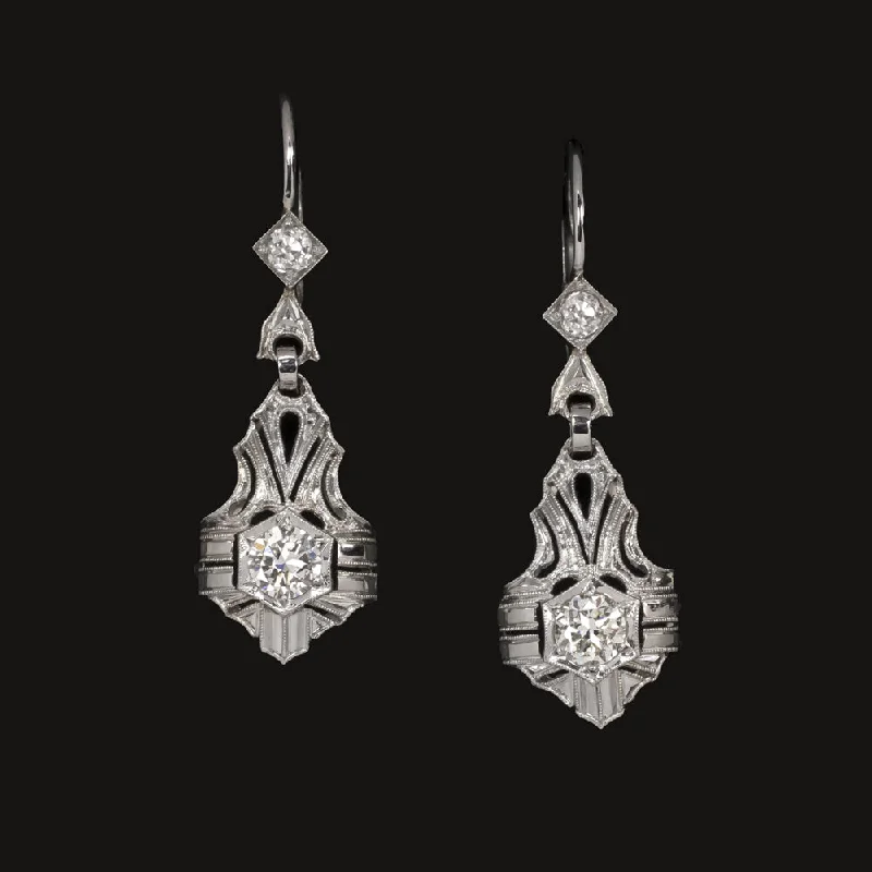 Beautiful Earrings For Birthday Gifts-0.88ct ART DECO VINTAGE DIAMOND DANGLE EARRINGS 18k WHITE GOLD OLD EUROPEAN CUT