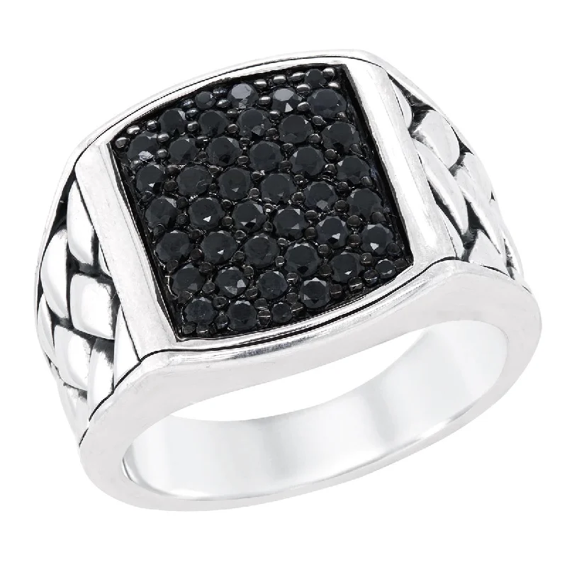 Timeless Engagement Rings For Classic Style-MEN'S STERLING SILVER FASHION RING WITH BLACK SAPPHIRE CLUSTER SETTING