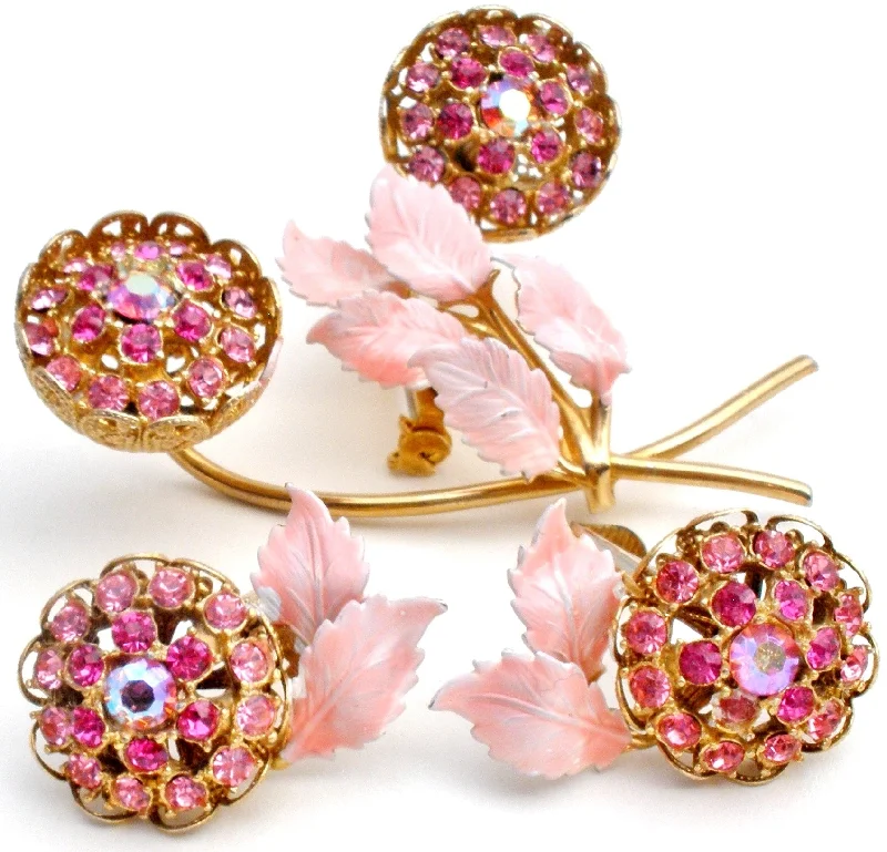 Bridal Brooch For Wedding Dress-Pink Flower Rhinestone & Enamel Brooch Set Vintage