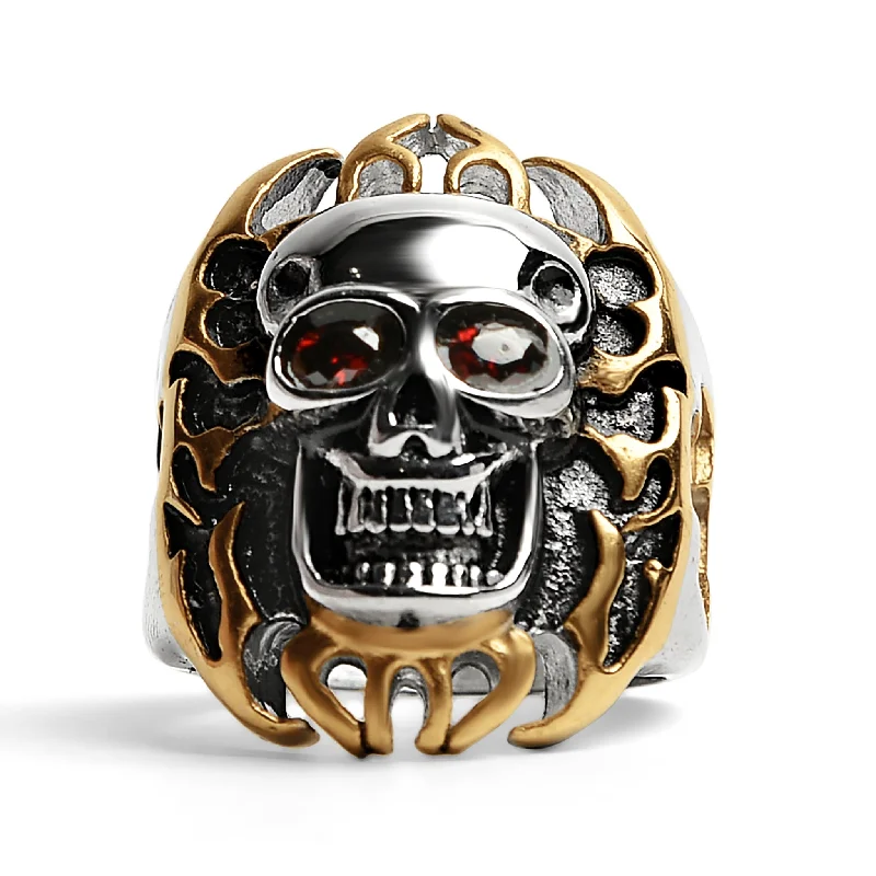 Unique Gemstone Rings For Gifting-Stainless Steel Red CZ Eyed Flaming Skull With 18K Gold PVD Coated Accents Ring / SCR0250