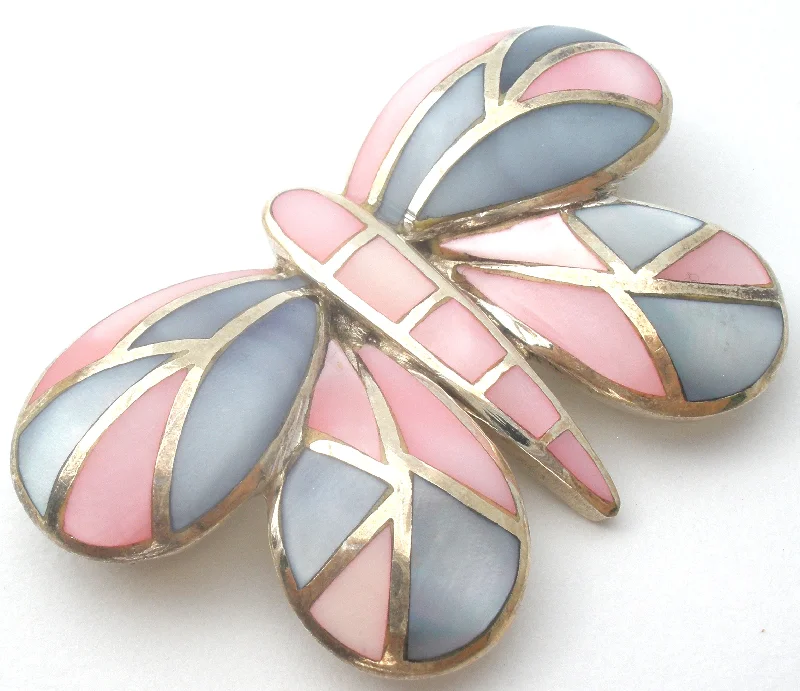 Silver Brooch For Women-Pink & Blue Mother Of Pearl Butterfly Brooch Sterling Silver