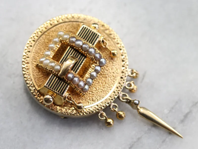 Vintage Brooch For Elegant Look-Seed Pearl Gold Medallion Brooch