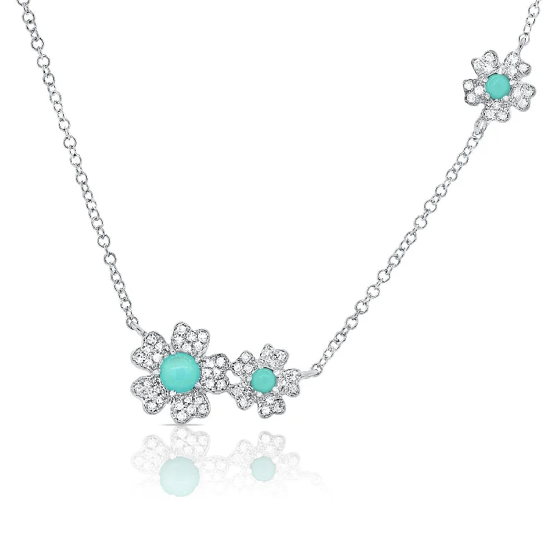 Simple Layered Necklaces For Casual Wear-14K White Gold Diamond and Turqouise Flower Necklace