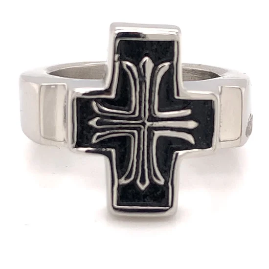 Modern Wedding Rings For Trendy Brides-Polished Black Enamel Cross Stainless Steel Ring / CRC2014