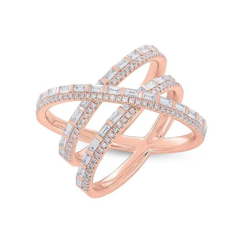 Sparkling Wedding Rings For Special Days-ROSE GOLD BRIDGE RING WITH ROUND AND BAGUETTE CUT DIAMONDS