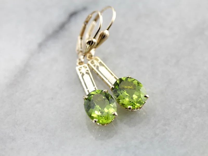 Antique Earrings For Collectors-Peridot Drop Earrings with One of a Kind Floral Bar Details