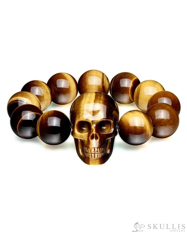 Personalized Bracelets With Name-Gem Skull Bracelet of Gold Tiger's Eye Carved Skull & Beads