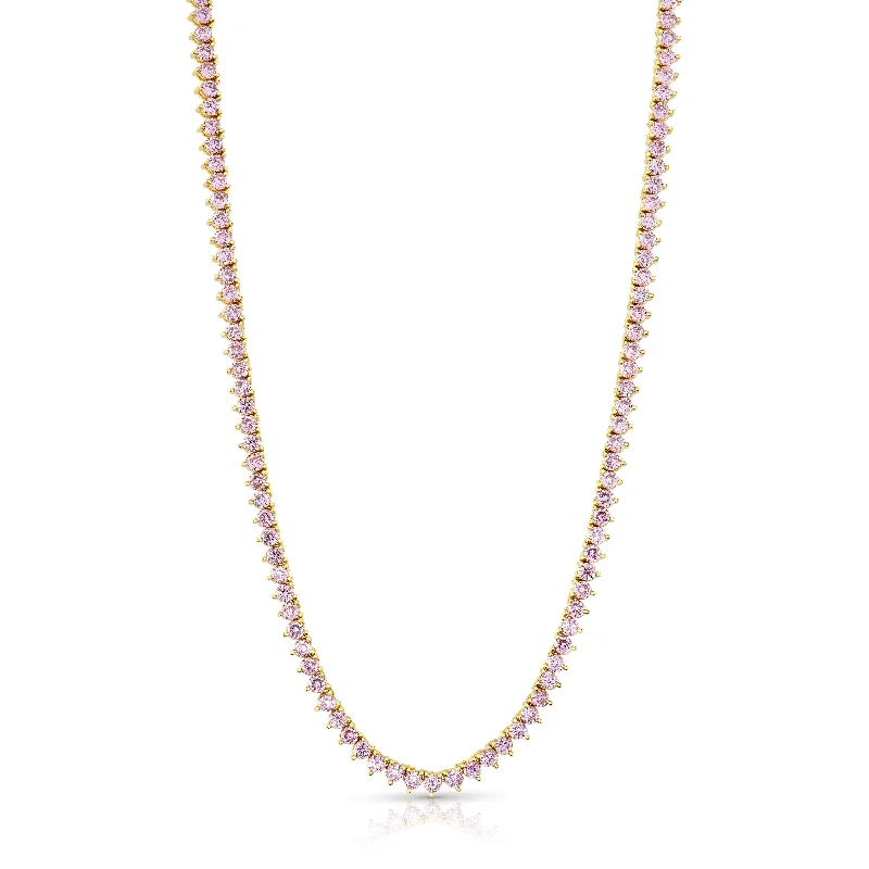 Elegant Crystal Necklaces For Special Events-PINK CZ POINT TENNIS NECKLACE, GOLD BRASS