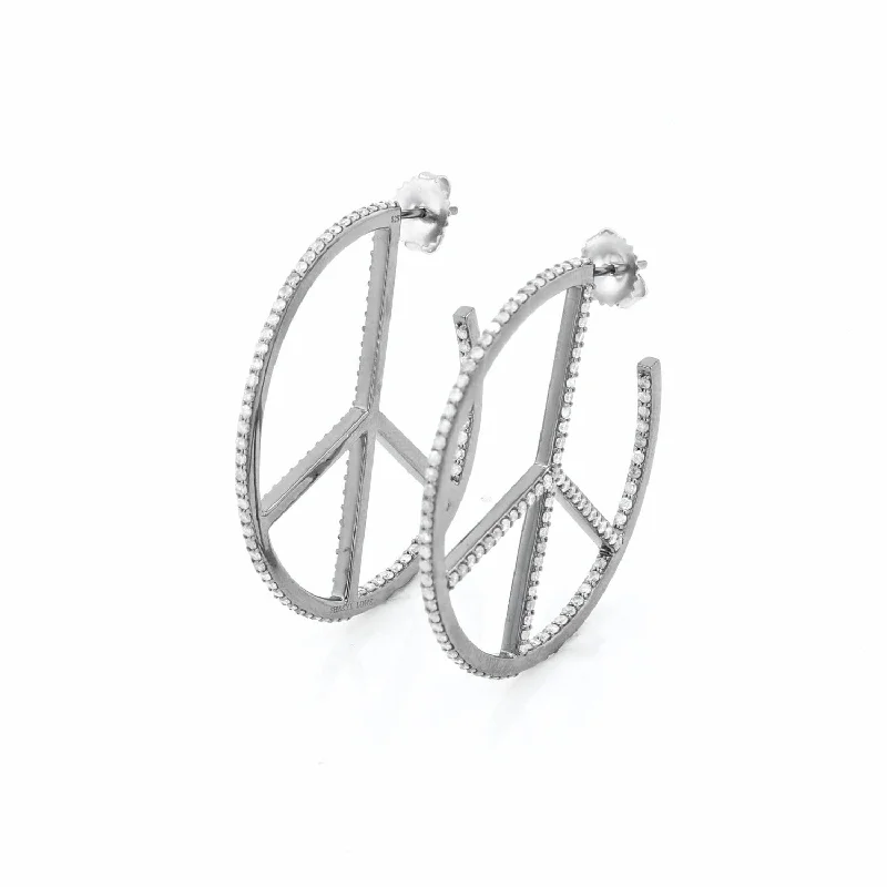 Cool Dangle Earrings For Trendy Styles-Peace Sign Pave Diamond Hoop Earrings - 40mm  E0000585