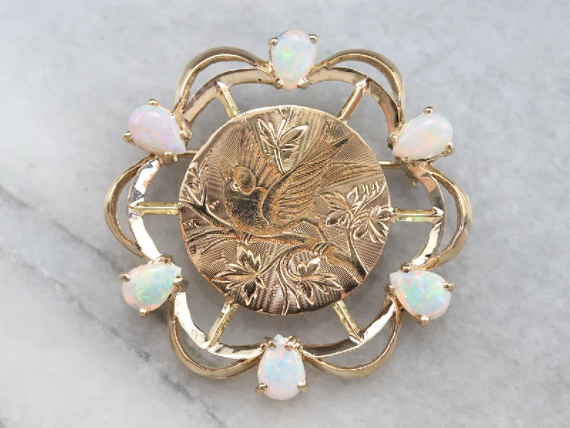 Embellished Brooch For Formal Wear-Opal Songbird Etched Gold Brooch