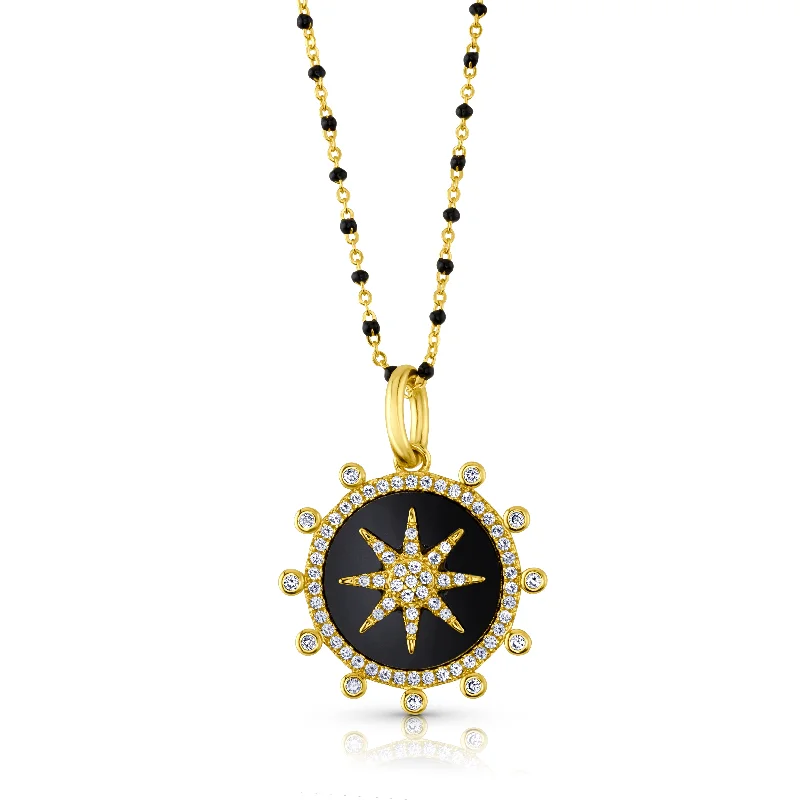 Stunning Diamond Necklaces For Anniversary-SUNBRUST PENDANT AND BEADED CHAIN NECKLACE, GOLD ONYX