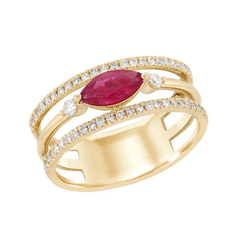 Stunning Gemstone Rings For Fashion Style-YELLOW GOLD FASHION RING WITH MARQUISE RUBY AND SIDE DIAMONDS, .16 CT TW