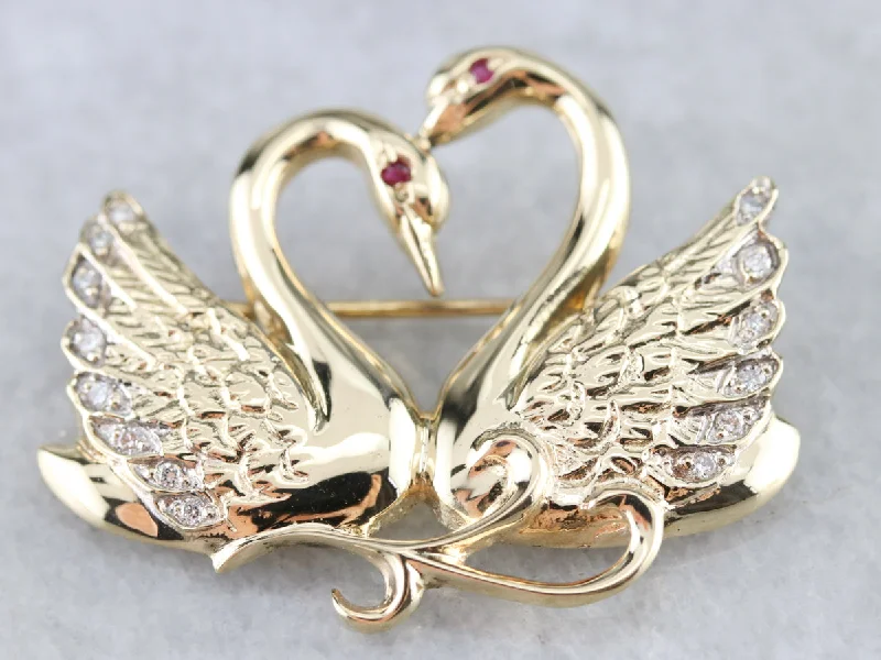 Beaded Brooch For Formal Wear-Diamond Love Swans Brooch