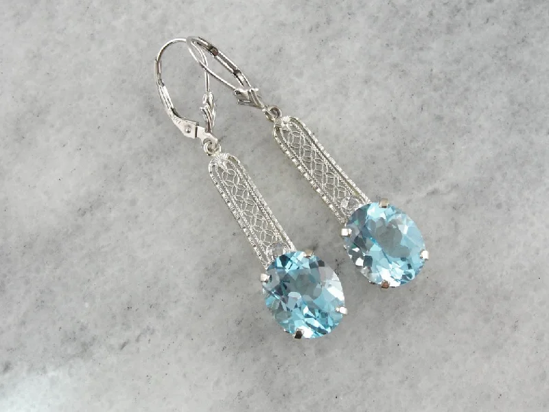 Trendy Earrings For Teenagers-Beautiful Blue Topaz and Diamond Filigree Drop Earrings, Upcycled Antique White Gold Bridal Earrings