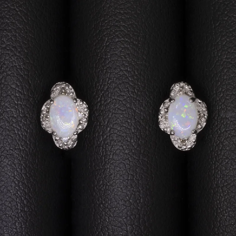 Elegant Diamond Earrings For Anniversary-VINTAGE OPAL DIAMOND STUD EARRINGS 14k WHITE GOLD SCALLOPED HALO NATURAL OVAL