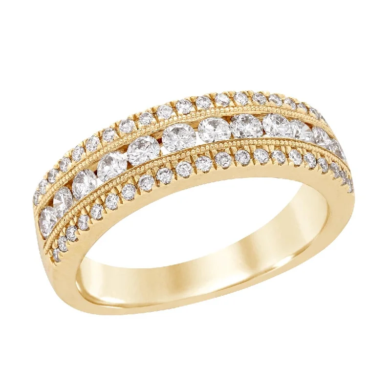 Unique Diamond Wedding Rings For Brides-YELLOW GOLD FASHION RING WITH 3 ROWS OF DIAMONDS, 3/4 CT TW