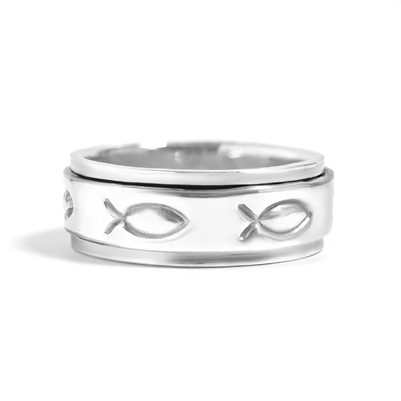 Simple Titanium Rings For Minimalist Style-Sterling Silver Fish Ichthys Spinner Ring / SSR0032