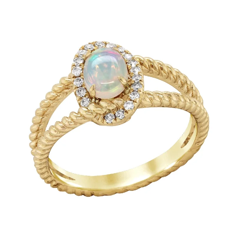 Vintage Engagement Rings For Retro Style-YELLOW GOLD SPLIT SHANK FASHION RING WITH OPAL AND DIAMOND HALO, .13 CT TW