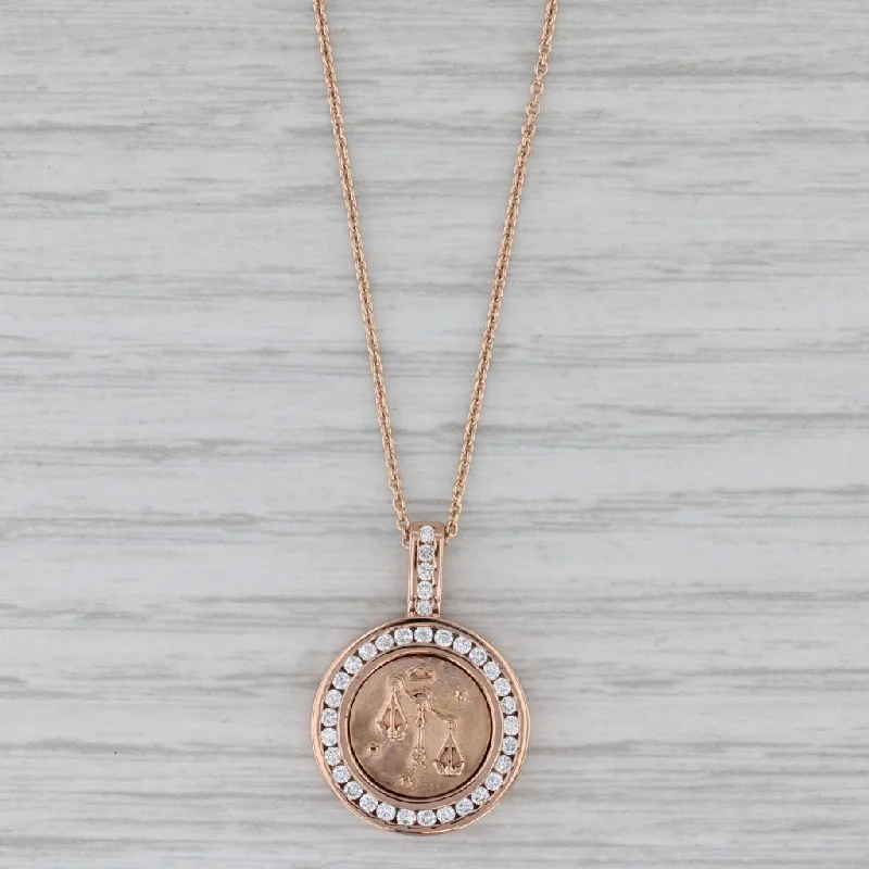 Cute Heart Necklaces For Lovers-0.38ctw Diamond Halo Libra Zodiac Medallion Pendant Necklace 18k Rose Gold 18"